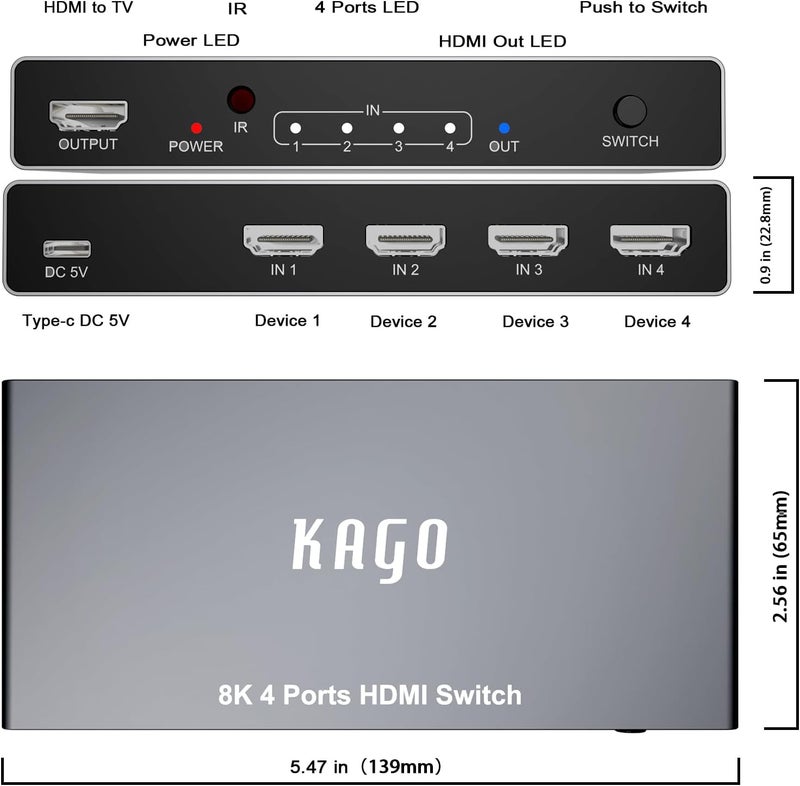 KAGO 8K HDMI 2.1 Switch 4 in 1 Out,4K 120Hz 4 Port HDMI Selector Box with Remote, Metal Shell HDMI Splitter Switcher Support HDR HDCP 3D, for PS4/5 Xbox PC Laptop Blu-Ray Player - Image 2