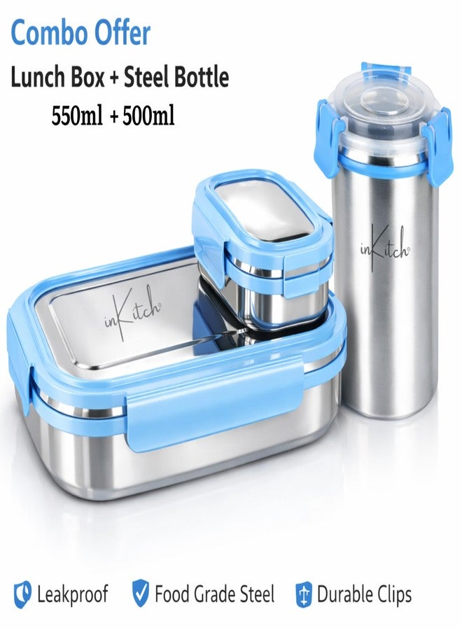 inKitch Lunch Box for Kids with 500ml Steel Bottle with Cap, Leak Proof Stainless Steel Tiffin Box Set, Air Tight Food Grade Lunch Box 540ML + 90ML for School Kids Office College Picnic Travel - Image 2