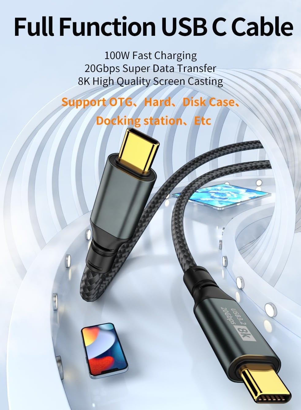 Chenyang USB-C Kabel 10Gbit/s & 100W – 90° Abgewinkelt, Geflochten, 1m