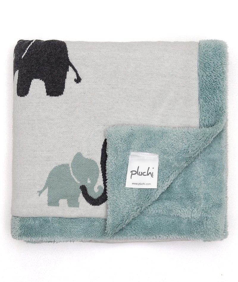 Pluchi Indian Elephant Cotton Knitted Blanket with Faux Fur Back for Babies in Ivory and Indus Blue Color (80 cm x 100 cm) - Image 2