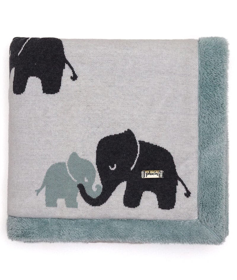 Pluchi Indian Elephant Cotton Knitted Blanket with Faux Fur Back for Babies in Ivory and Indus Blue Color (80 cm x 100 cm) - Image 3