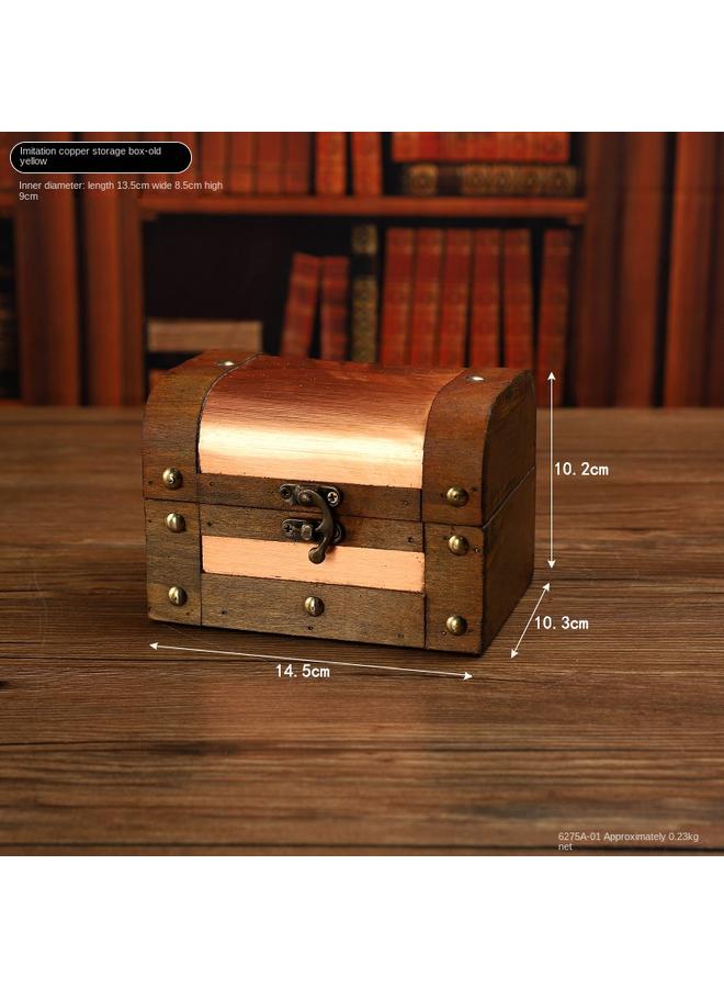 Bluejw Vintage Square Imitation Copper Wooden Storage Box Desktop Sundries Small Objects Storage Box Chamber Escape Props Jewelry Box - Image 1