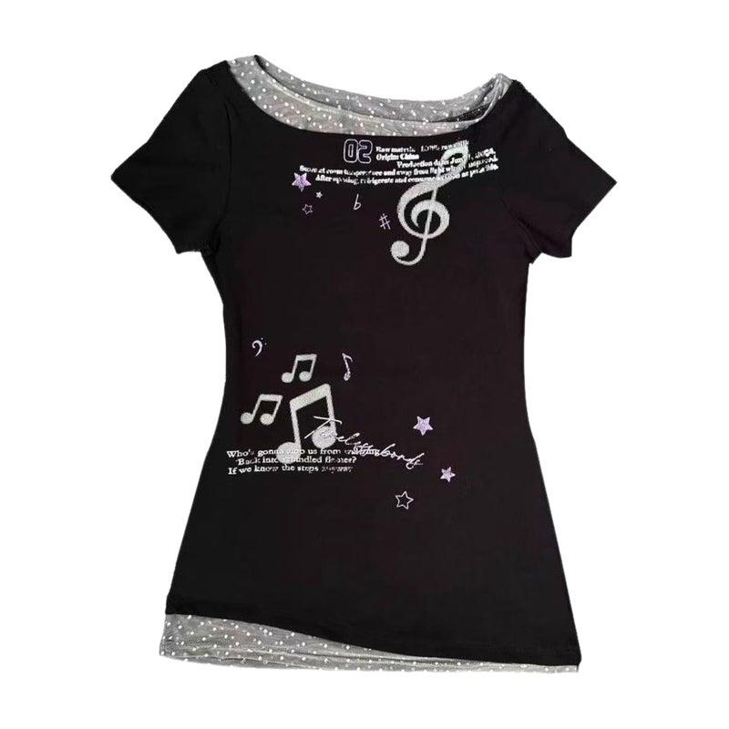 RICHTRUE Cutecore Harajuku Y2k Baby Tee Cute Kawaii Emo Grunge Shirt Women Vintage Graphic Tees Short Sleeve Alt Tops 2000s (Black Grey Polka Dot,Small) - Image 1