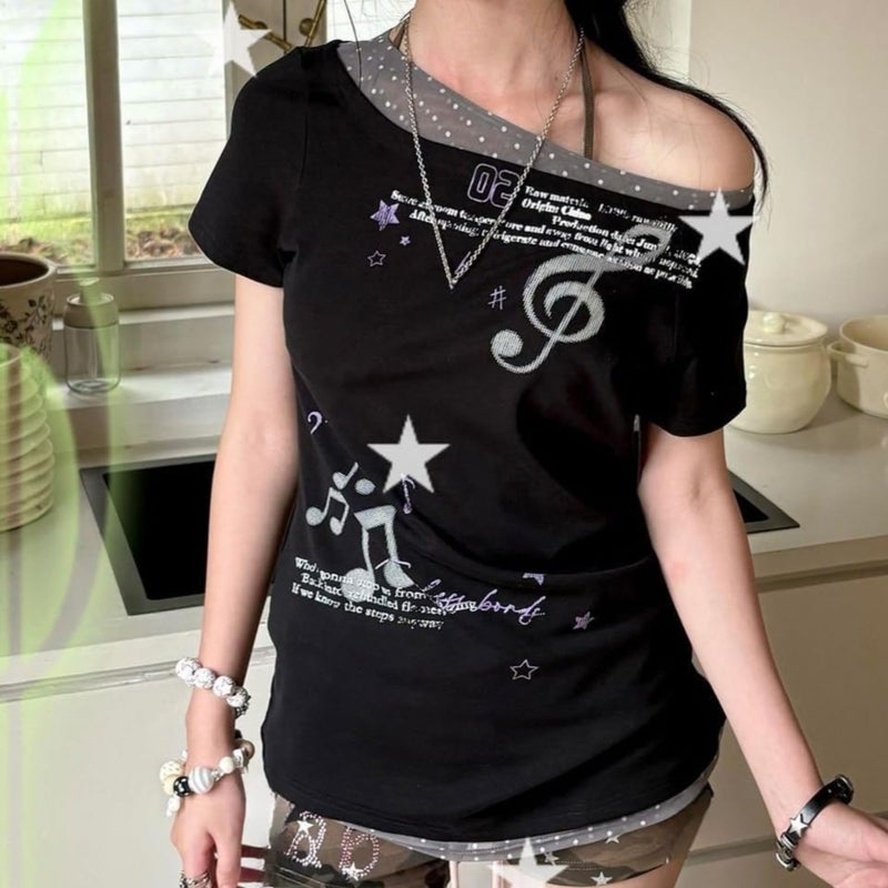 RICHTRUE Cutecore Harajuku Y2k Baby Tee Cute Kawaii Emo Grunge Shirt Women Vintage Graphic Tees Short Sleeve Alt Tops 2000s (Black Grey Polka Dot,Small) - Image 2
