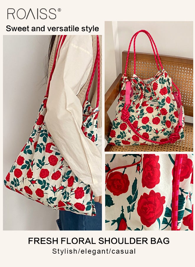roaiss Floral Large Capacity Shoulder Bag Women'S Daily Commuting Vacation Casual Cotton Open Tote Bag  - Image 4