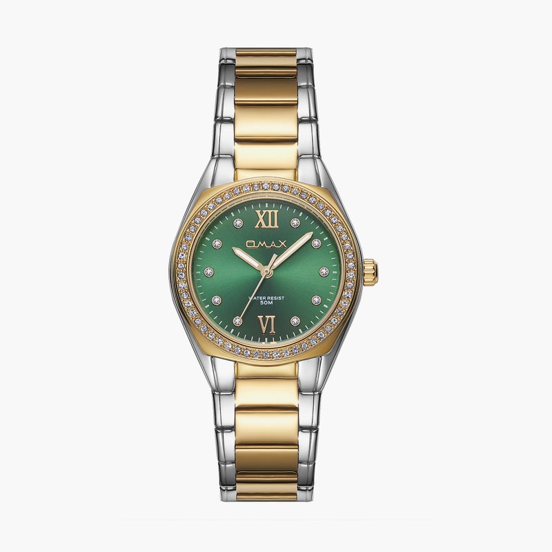 OMAX ساعة أنالوج نسائية ذهبية وخضراء - Image 1