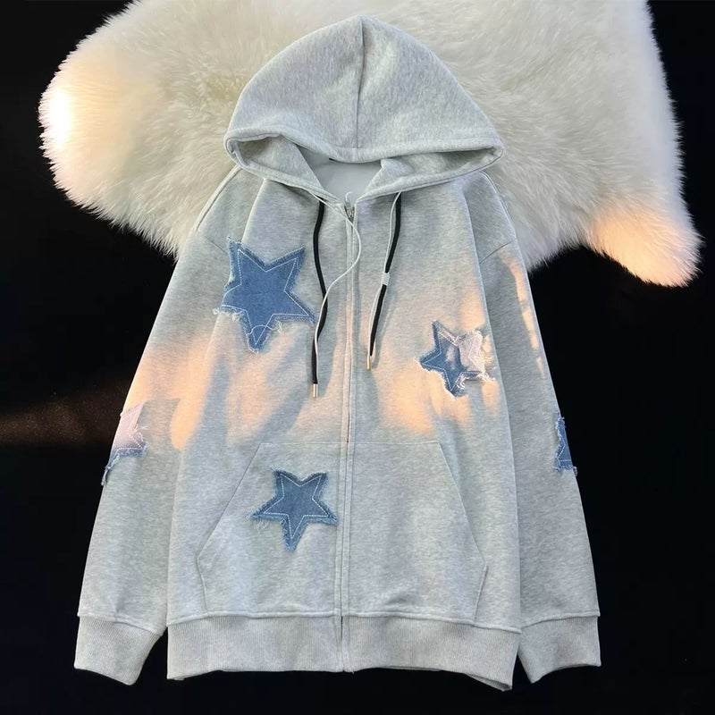 Chinese cotton imitation cotton composite milk silk #280g# plus size hooded cardigan vests womens stars patch zipper coat 9117-grey 
