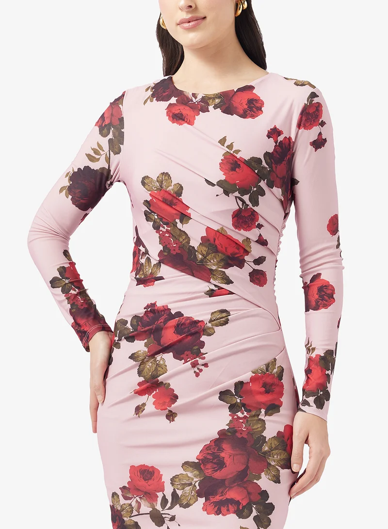 Little Mistress Ruched Detail Printed Midi Dress
