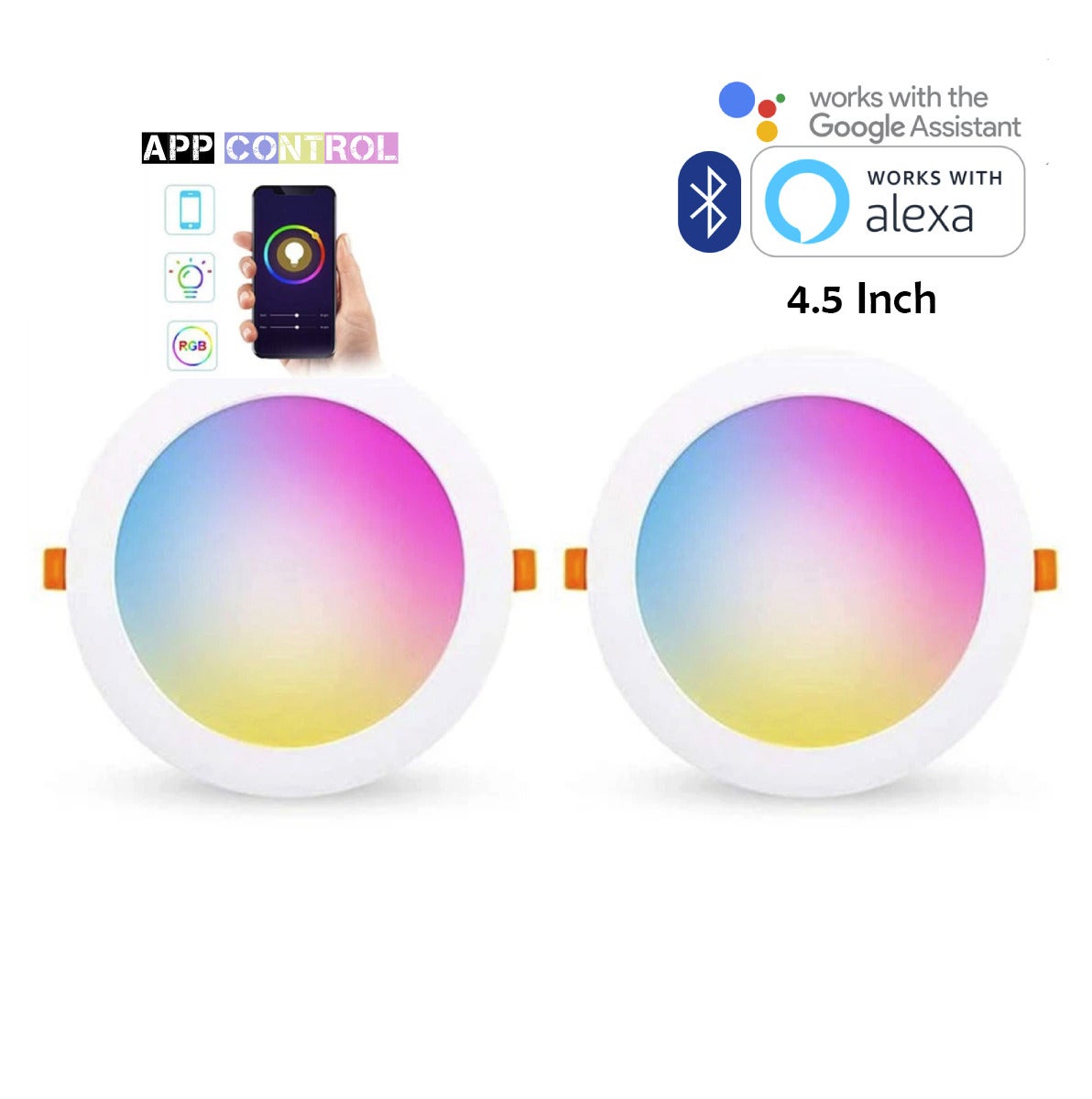 2 Pcs RGB+CCT Downlight 6 Inch 10W Ceiling Light Bluetooth Control Works With Alexa And Google Assistant Led Light With App Control 16 Million Color Range 50000 Hour Lifespan 2700K-6500K Color Range