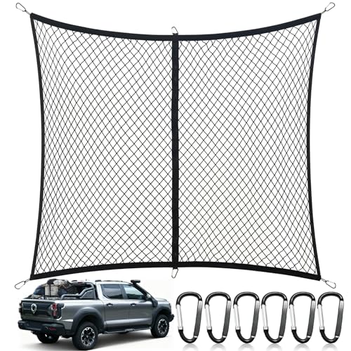 Ezfilet Cargo Net for Pickup Truck Bed, Highly Elastic Truck Bed Net, Suitable for Daily Light Loads of Trucks, 4'x4' Stretches to 7'x7', with 6 Metal Carabiners - Image 1