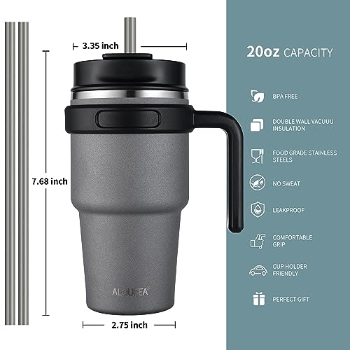 ALOUFEA 20 oz Insulated Coffee Mug Tumbler with Handle, Stainless Steel Travel Mug Tumbler with Lid and Straw, Double Wall Vacuum Leak Proof Ice Coffee Thermal Cup, Gray - Image 2
