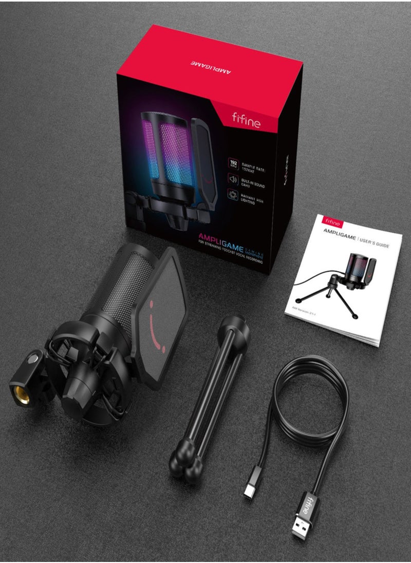 FIFINE - FIFINE Gaming USB Microphone for PC PS5, Condenser Mic with Quick Mute, RGB Indicator, Tripod Stand, Pop Filter, Shock Mount, Gain Control for Streaming Discord Twitch Podcasts Videos-AmpliGame - A6V - Image 1