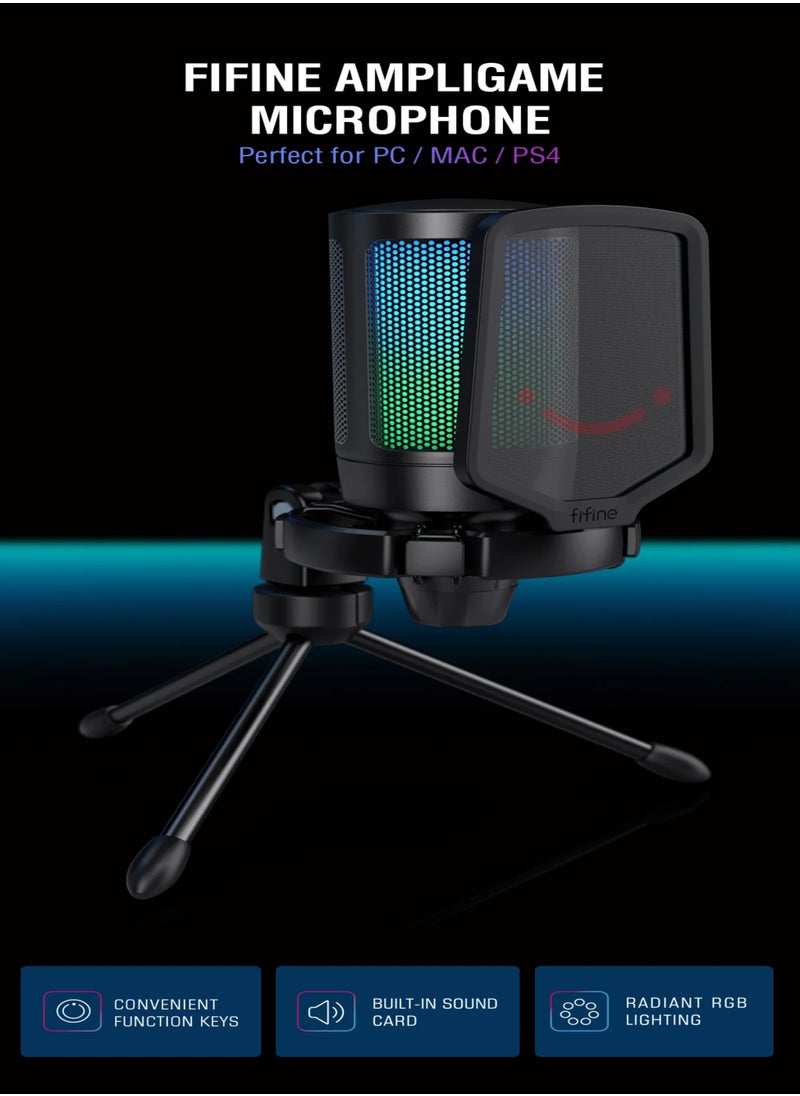 FIFINE - FIFINE Gaming USB Microphone for PC PS5, Condenser Mic with Quick Mute, RGB Indicator, Tripod Stand, Pop Filter, Shock Mount, Gain Control for Streaming Discord Twitch Podcasts Videos-AmpliGame - A6V - Image 1