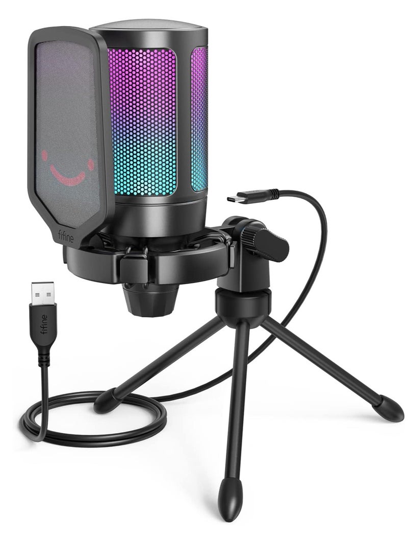 FIFINE - FIFINE Gaming USB Microphone for PC PS5, Condenser Mic with Quick Mute, RGB Indicator, Tripod Stand, Pop Filter, Shock Mount, Gain Control for Streaming Discord Twitch Podcasts Videos-AmpliGame - A6V - Image 1