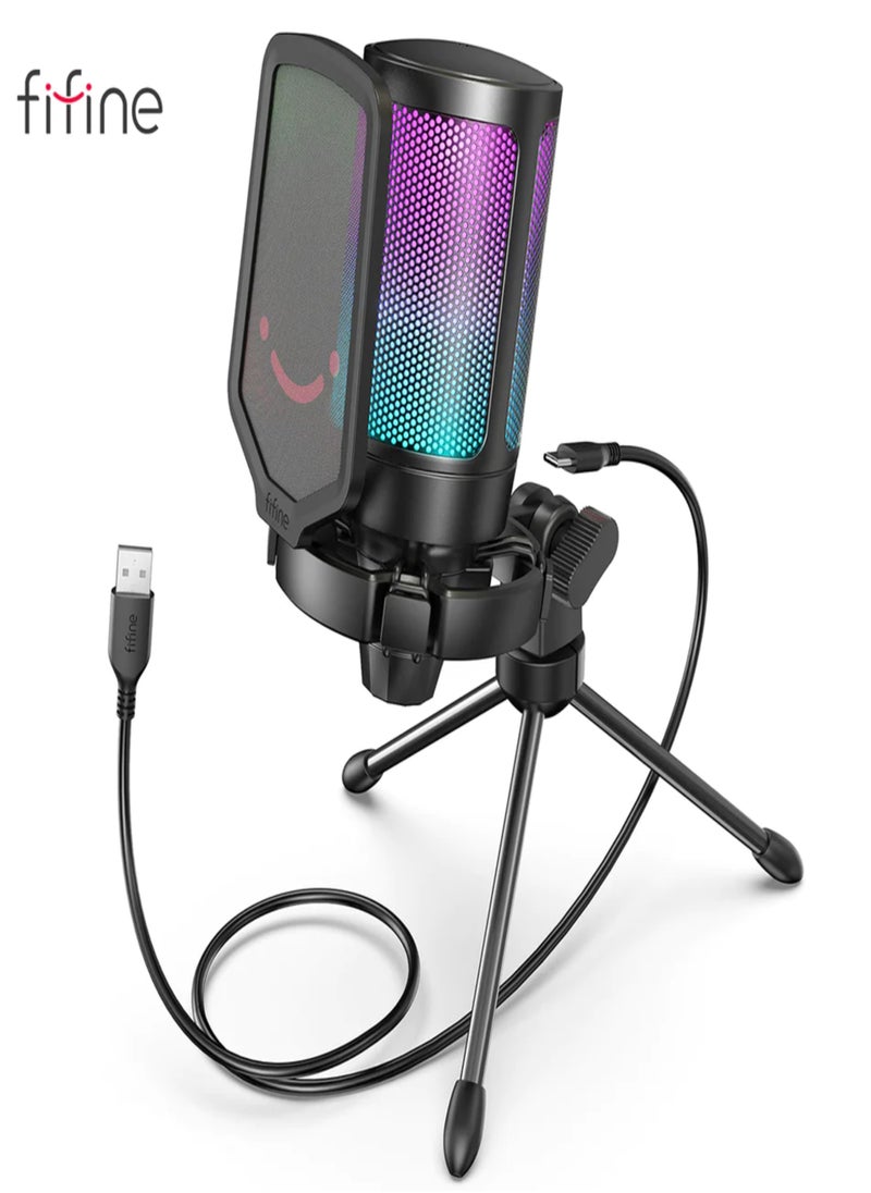 FIFINE - FIFINE Gaming USB Microphone for PC PS5, Condenser Mic with Quick Mute, RGB Indicator, Tripod Stand, Pop Filter, Shock Mount, Gain Control for Streaming Discord Twitch Podcasts Videos-AmpliGame - A6V - Image 1