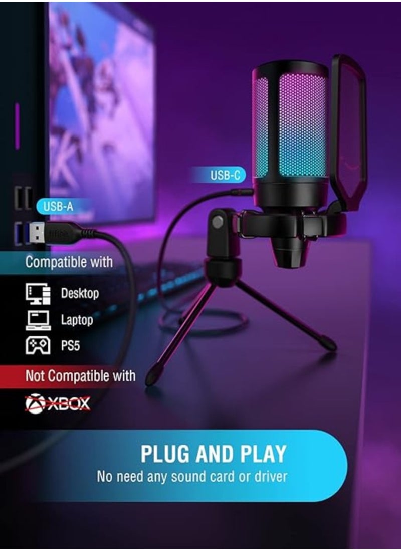 FIFINE - FIFINE Gaming USB Microphone for PC PS5, Condenser Mic with Quick Mute, RGB Indicator, Tripod Stand, Pop Filter, Shock Mount, Gain Control for Streaming Discord Twitch Podcasts Videos-AmpliGame - A6V - Image 1