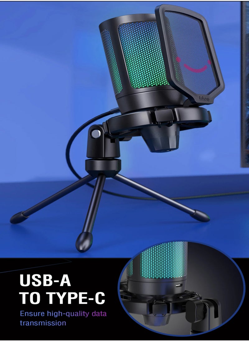 FIFINE - FIFINE Gaming USB Microphone for PC PS5, Condenser Mic with Quick Mute, RGB Indicator, Tripod Stand, Pop Filter, Shock Mount, Gain Control for Streaming Discord Twitch Podcasts Videos-AmpliGame - A6V - Image 1