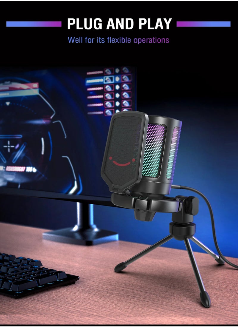 FIFINE - FIFINE Gaming USB Microphone for PC PS5, Condenser Mic with Quick Mute, RGB Indicator, Tripod Stand, Pop Filter, Shock Mount, Gain Control for Streaming Discord Twitch Podcasts Videos-AmpliGame - A6V - Image 1