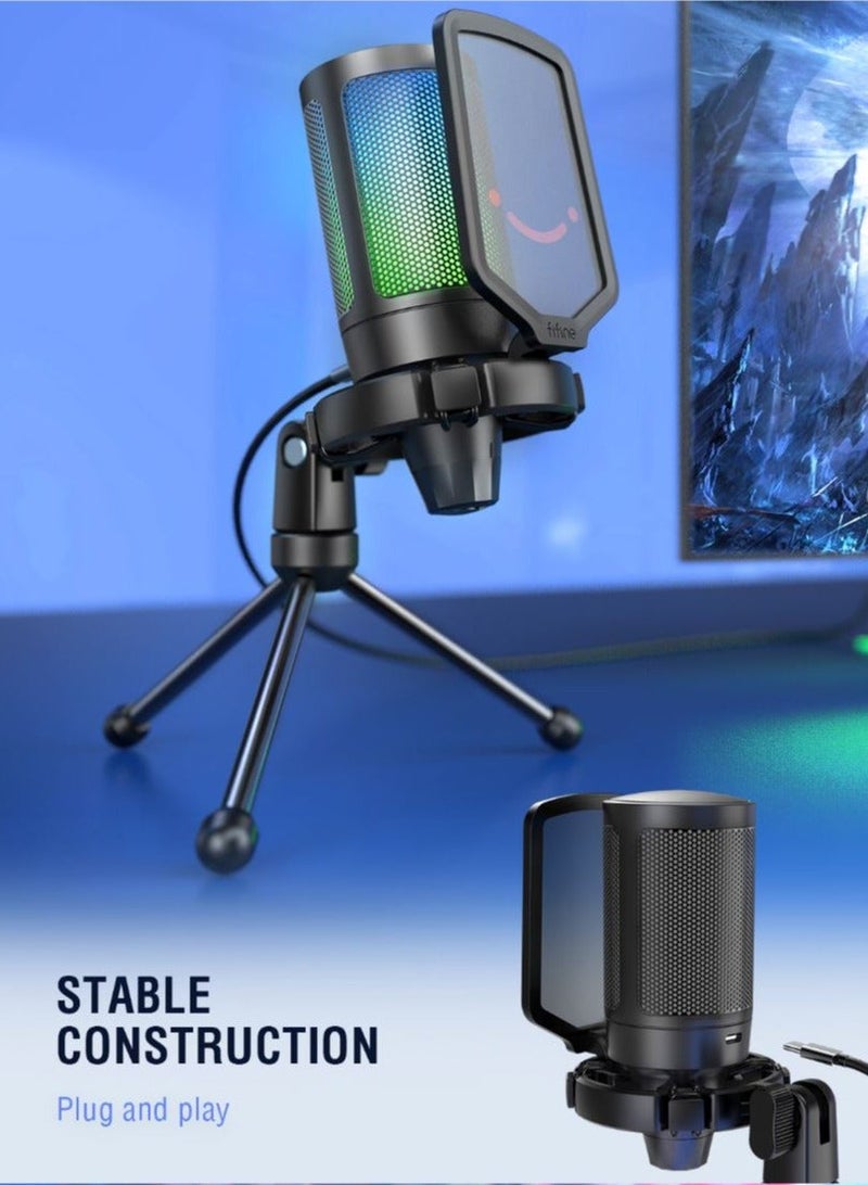 FIFINE Gaming USB Microphone for PC PS5, Condenser Mic with Quick Mute, RGB Indicator, Tripod Stand, Pop Filter, Shock Mount, Gain Control for Streaming Discord Twitch Podcasts Videos-AmpliGame - A6V - Image 5