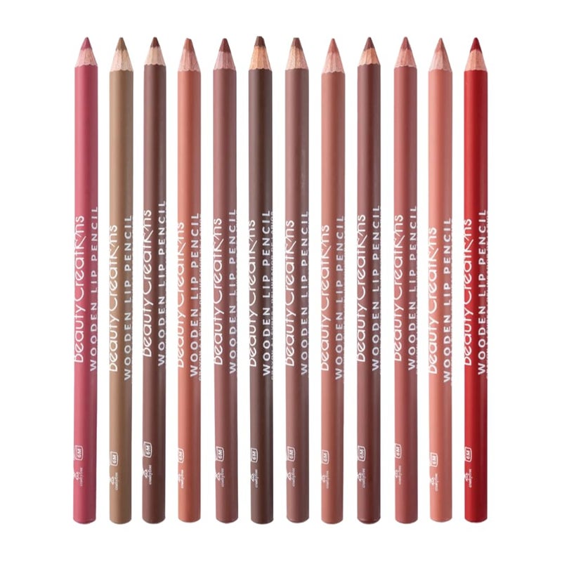 12 Colors Wooden Lip Liner Pencil Set High Pigmented Soft Matte Long Wearing Deep and Rich in Color Smudge Resistant
