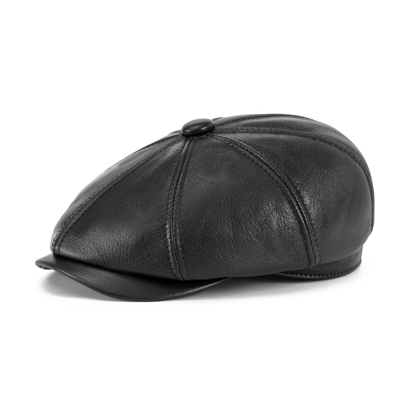 VOBOOM Men Women Genuine Newsboy Leather Cap 8 Panel Gatsby Ivy Hat, Black, 7 1/4 - Image 1