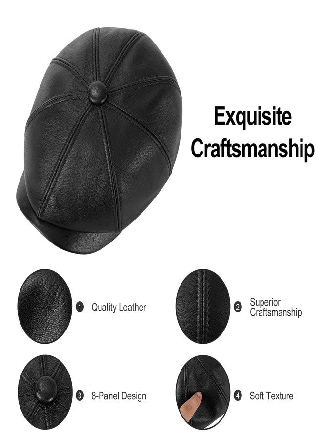 VOBOOM Men Women Genuine Newsboy Leather Cap 8 Panel Gatsby Ivy Hat, Black, 7 1/4 - Image 4