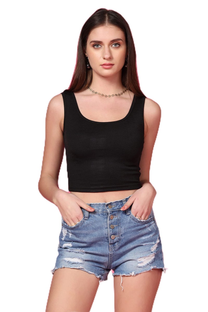 TOPLOT Women's Solid Ribbed Round Neck Sleeveless Slim Fit Tank Top (Tank-Top-5069-Black-L) - Image 1