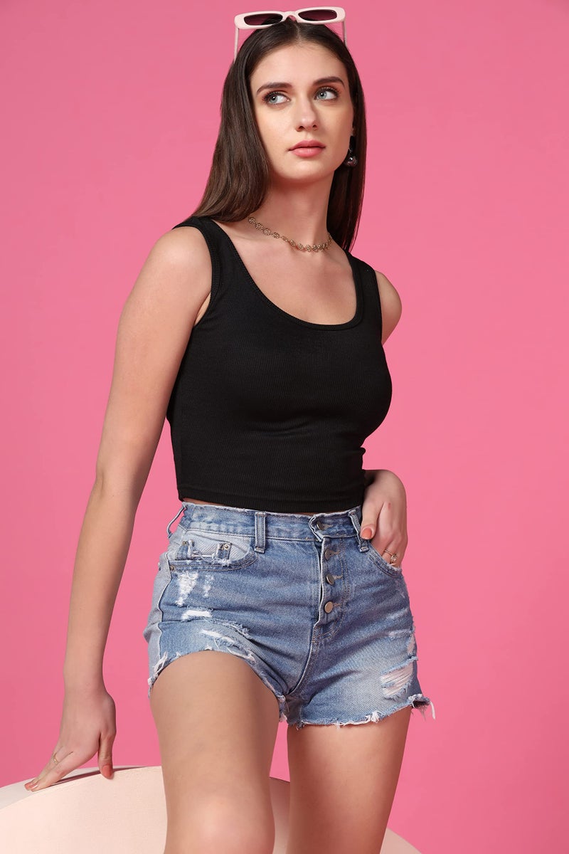 TOPLOT Women's Solid Ribbed Round Neck Sleeveless Slim Fit Tank Top (Tank-Top-5069-Black-L) - Image 4