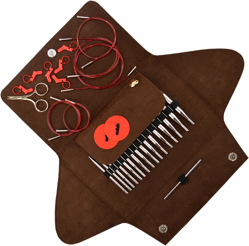 addi Click LACE Short Tips Extended Edition - Interchangeable Needle Set with addi Gold Scissors, 5 Red Cords, addi Socks Stitch Marker and addi Grip Pads - Image 1