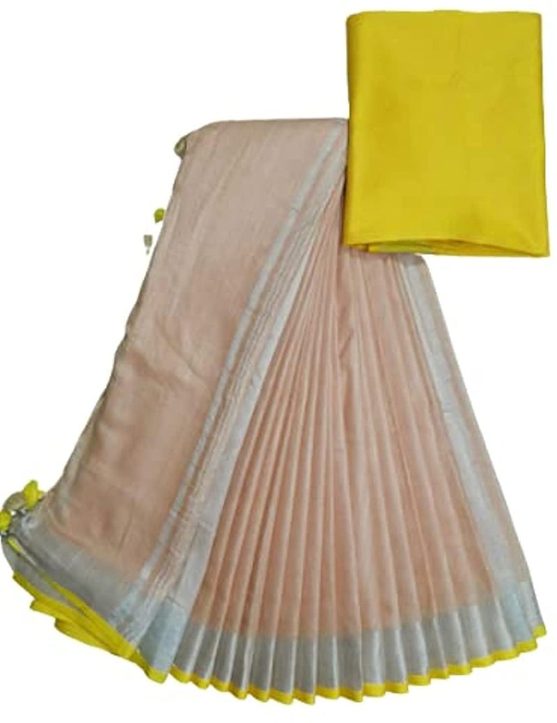 SheenKraft Bhagalpuri Linen Handloom Cotton Blend Saree for Women (Apricot Orange - Yellow) - Image 1
