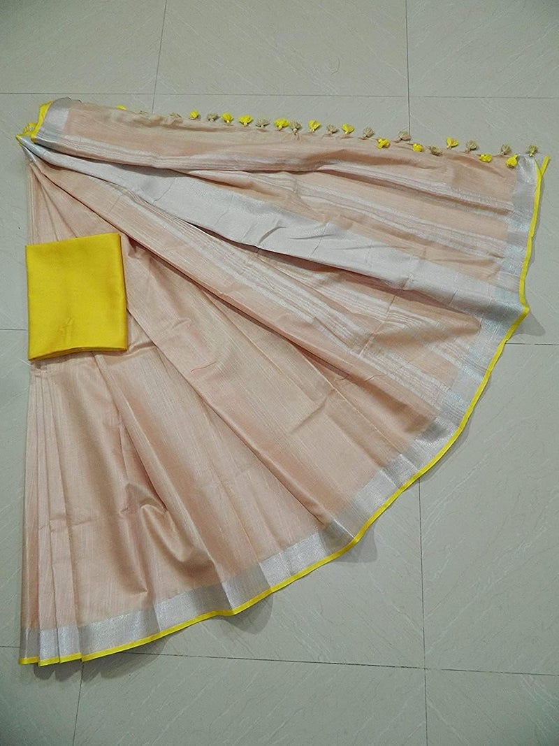 SheenKraft Bhagalpuri Linen Handloom Cotton Blend Saree for Women (Apricot Orange - Yellow) - Image 2