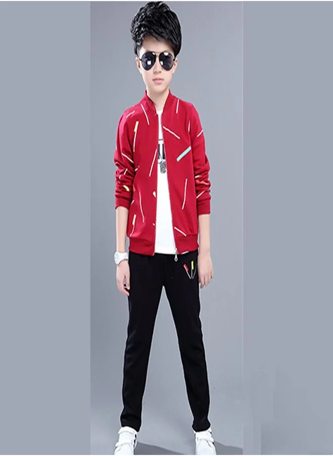 babyqlo Red Printed Zip-Up Jacket, Shirt, and Jogger Set for Boys