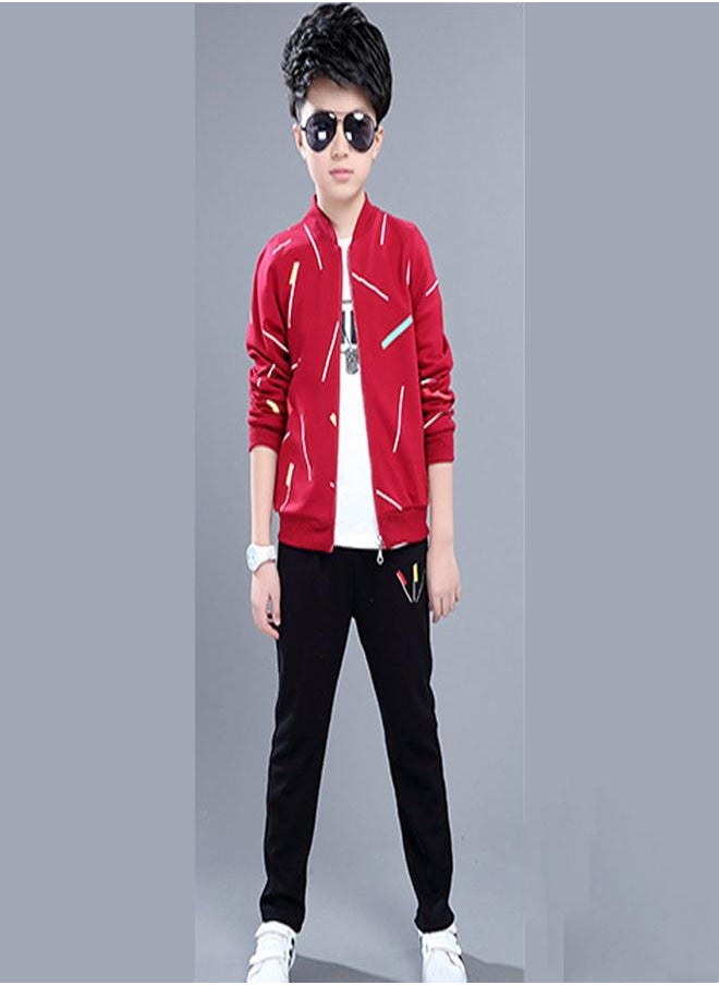 babyqlo Red Printed Zip-Up Jacket, Shirt, and Jogger Set for Boys  - Image 1
