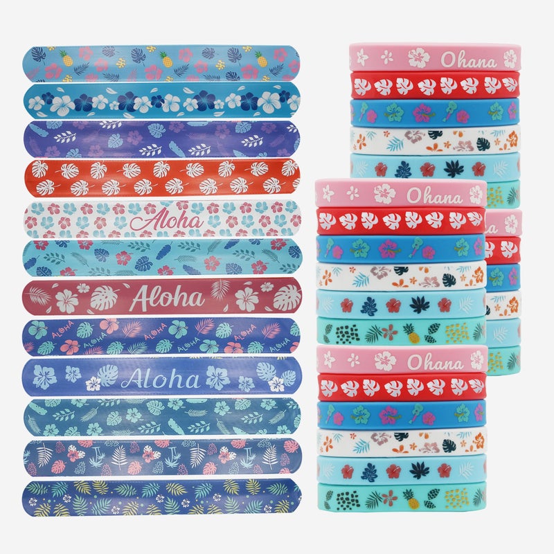 i-Beeboo 48 Pcs Cartoon Tropical Party Favors Slap Bracelets Rubber Wristbands, Hawaiian Element Palm Leaves Hibiscus Flowers Pattern Silicone Animation Exchanging Gifts Classroom Prizes Birthday Decorations - Image 1