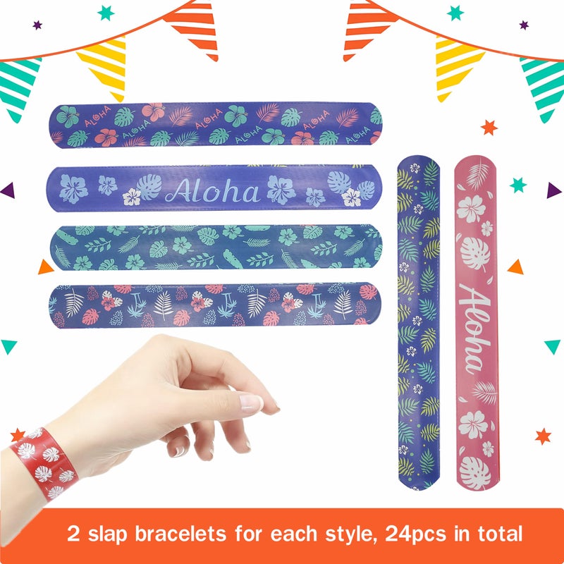 i-Beeboo 48 Pcs Cartoon Tropical Party Favors Slap Bracelets Rubber Wristbands, Hawaiian Element Palm Leaves Hibiscus Flowers Pattern Silicone Animation Exchanging Gifts Classroom Prizes Birthday Decorations - Image 3