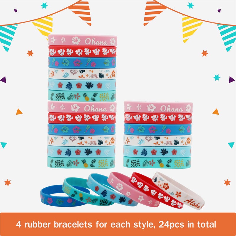 i-Beeboo 48 Pcs Cartoon Tropical Party Favors Slap Bracelets Rubber Wristbands, Hawaiian Element Palm Leaves Hibiscus Flowers Pattern Silicone Animation Exchanging Gifts Classroom Prizes Birthday Decorations - Image 2