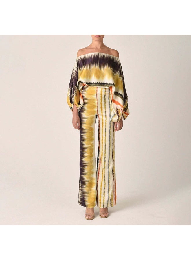 general Women's 2025-2026 Fashion Print Round Neck Loose Batwing Sleeve Waist Cinched Wide Leg Pants Set - Image 1