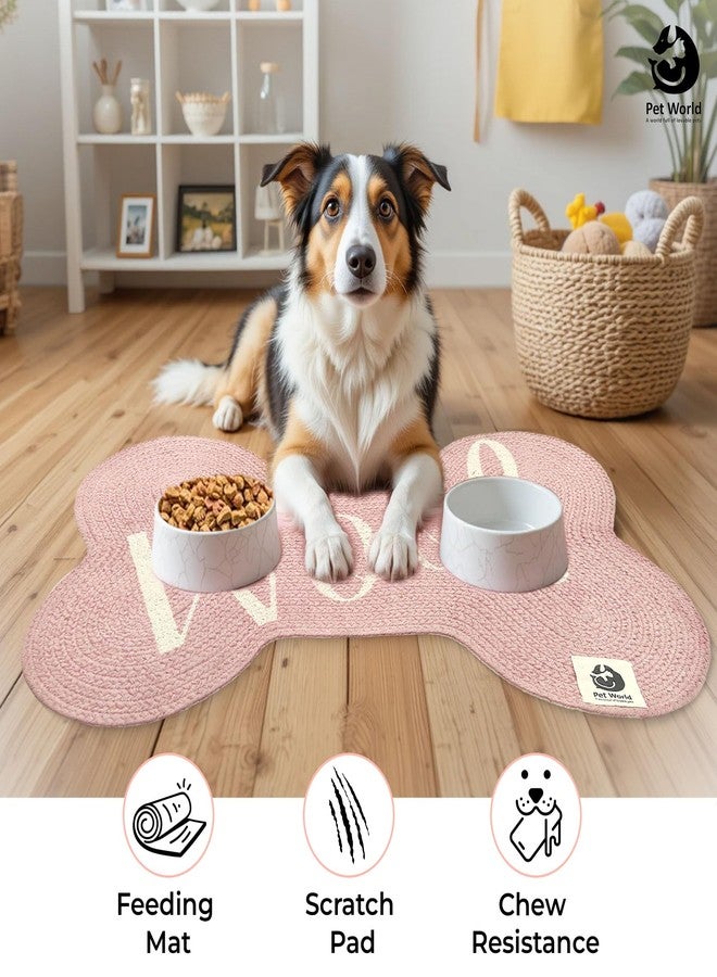 PET WORLD Bone Shape Handwoven Woof Pet Mat for Dog & Cat|Hand Braided| Skin Friendly Food Mat| Floor Mat|Pet Area Carpet|Non-Slip Mat Indoor Outdoor Mat|60 * 40 CM| Pink - Image 2