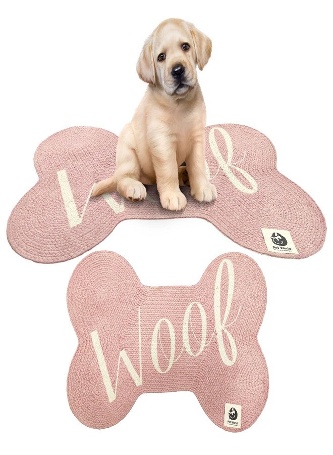 PET WORLD Bone Shape Handwoven Woof Pet Mat for Dog & Cat|Hand Braided| Skin Friendly Food Mat| Floor Mat|Pet Area Carpet|Non-Slip Mat Indoor Outdoor Mat|60 * 40 CM| Pink - Image 1