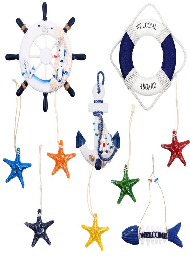Marsui 11 Pcs Wooden Nautical Wall Decor Fishing Net Decorations, Include Decorative Fishing Net, Ship Wheel, Fish Skeleton, Life Ring, Anchor, Starfish Beach Decor for Mediterranean Party (Blue) - Image 3