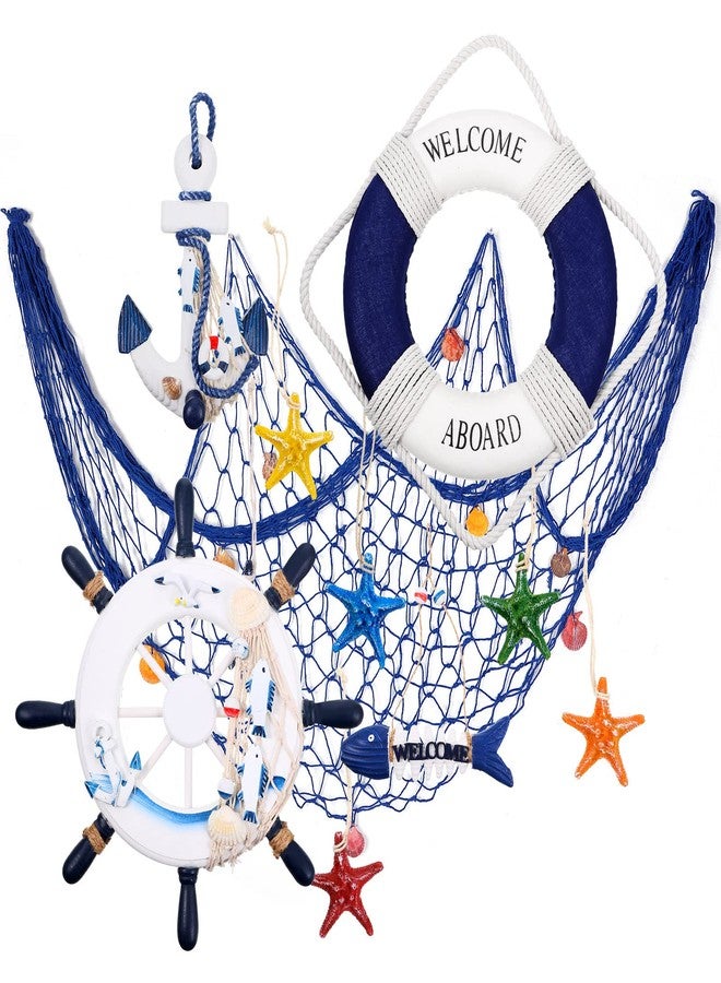 Marsui 11 Pcs Wooden Nautical Wall Decor Fishing Net Decorations, Include Decorative Fishing Net, Ship Wheel, Fish Skeleton, Life Ring, Anchor, Starfish Beach Decor for Mediterranean Party (Blue) - Image 1