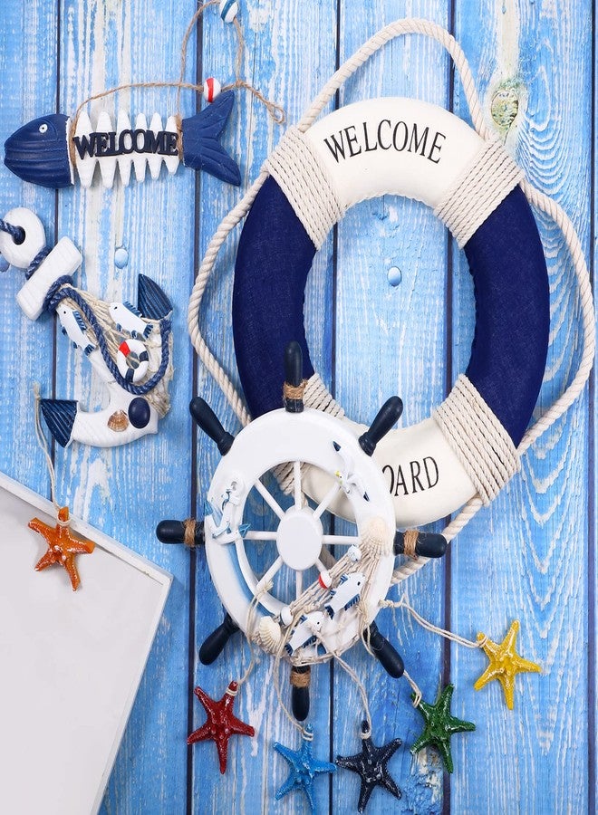 Marsui 11 Pcs Wooden Nautical Wall Decor Fishing Net Decorations, Include Decorative Fishing Net, Ship Wheel, Fish Skeleton, Life Ring, Anchor, Starfish Beach Decor for Mediterranean Party (Blue) - Image 4