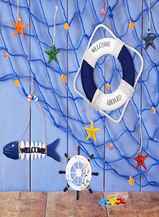 Marsui 11 Pcs Wooden Nautical Wall Decor Fishing Net Decorations, Include Decorative Fishing Net, Ship Wheel, Fish Skeleton, Life Ring, Anchor, Starfish Beach Decor for Mediterranean Party (Blue) - Image 5