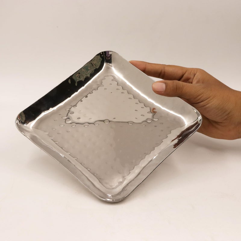 Spillbox Stainless Steel Serving Tray|Serveware|Plain Tray|Food Grade Material|BPA Free |Dinnerware|Mirror Finish|Square Platter[Length:15.5cm Weight: 250gm]-SS Hammered SQ Tray(Small) - Image 3