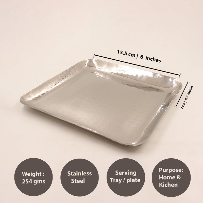 Spillbox Stainless Steel Serving Tray|Serveware|Plain Tray|Food Grade Material|BPA Free |Dinnerware|Mirror Finish|Square Platter[Length:15.5cm Weight: 250gm]-SS Hammered SQ Tray(Small) - Image 5