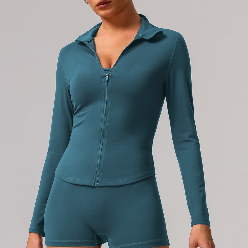 Generic Cross-border European and American High Elastic Sports Slim Jacket Riding Yoga Fitness Jacket Running Casual Long Sleeve Jacket for Women Badge blue 