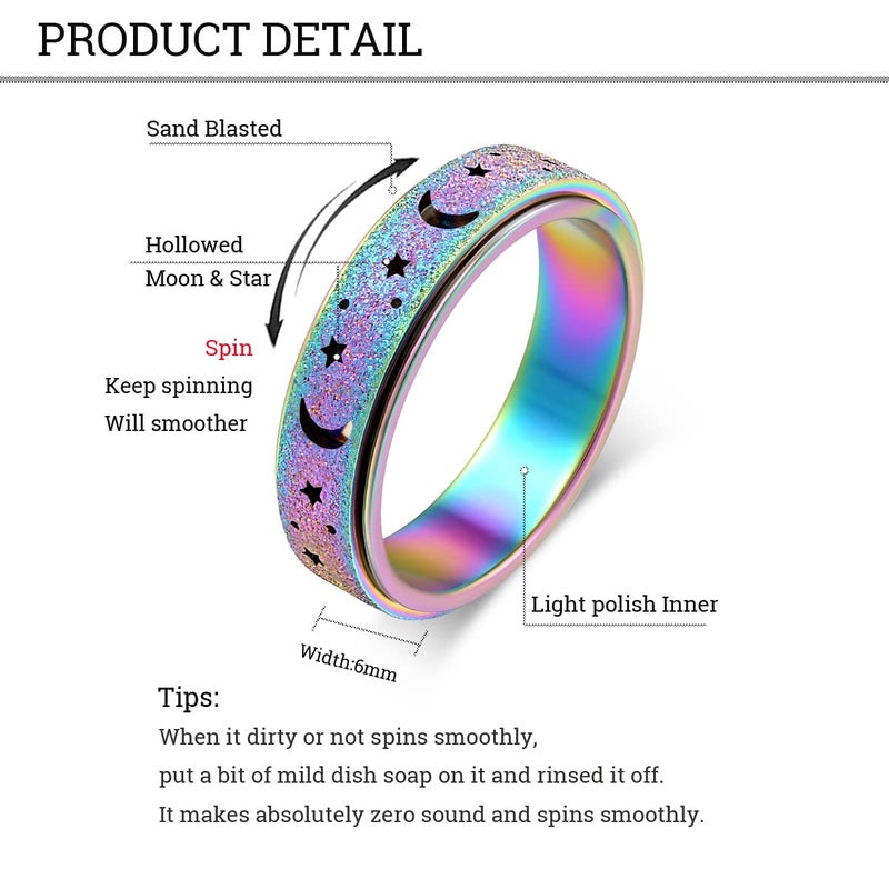 OreilleStar Anxiety Ring for Women Spinner Ring Fidget Ring Fidget Toys Adults Spinner Rings for Anxiety Fidget Rings for Women Fidget Ring Moon Star Rainbow 8 - Image 2