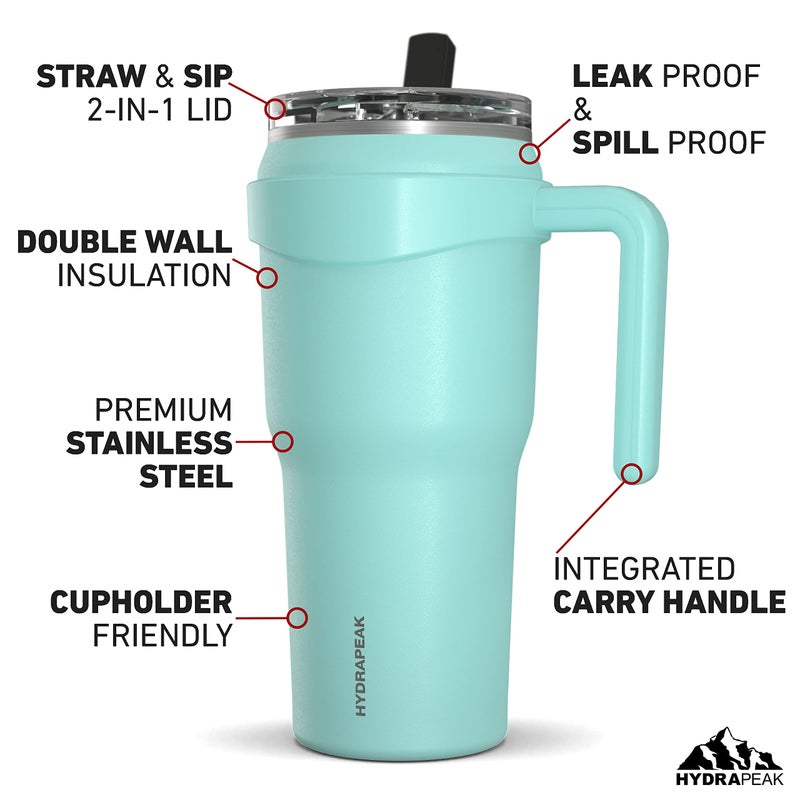 Hydrapeak Roadster 40oz Stainless Steel Tumbler Double Wall Vacuum Insulated Water Bottle With Handle And 2 in 1 Straw Lid (Aqua) - Image 2