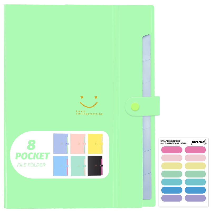Nicecho Expanding File Folder, 8 Pockets Accordion File Organizer, A4 Letter Size Paper Document Receipt Organizer Accordian Filing Folder for Classroom, Home, Office and Travel(Grass Green) - Image 1