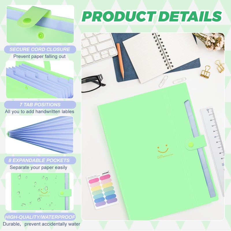 Nicecho Expanding File Folder, 8 Pockets Accordion File Organizer, A4 Letter Size Paper Document Receipt Organizer Accordian Filing Folder for Classroom, Home, Office and Travel(Grass Green) - Image 2